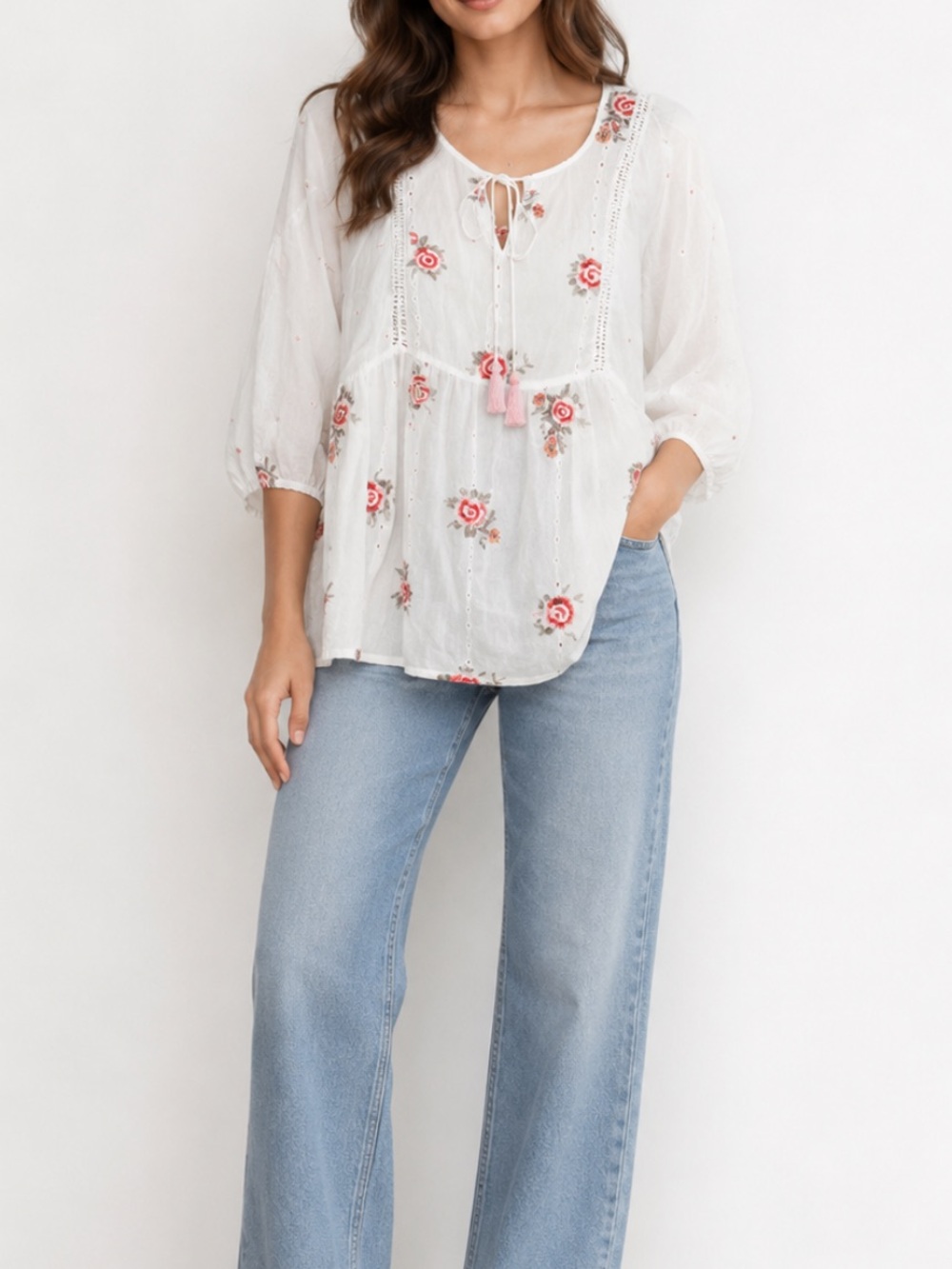 Johnny Was Nova tassel white embroidered top in size Small.